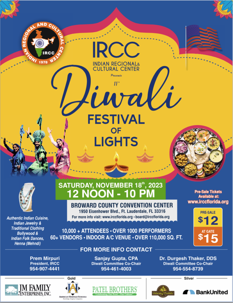 Flyer for IRCC Diwali Festival of Lights 2023 - 18 november 2023